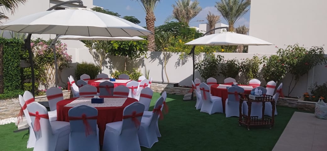Decorated tables and clean chairs for rent in Dubai.
