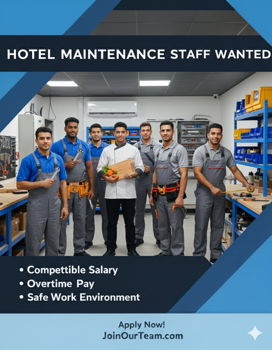 مطلوب فني تبريد وتكييف – سباك – نجار – كهربائي – طباخ خفيف 