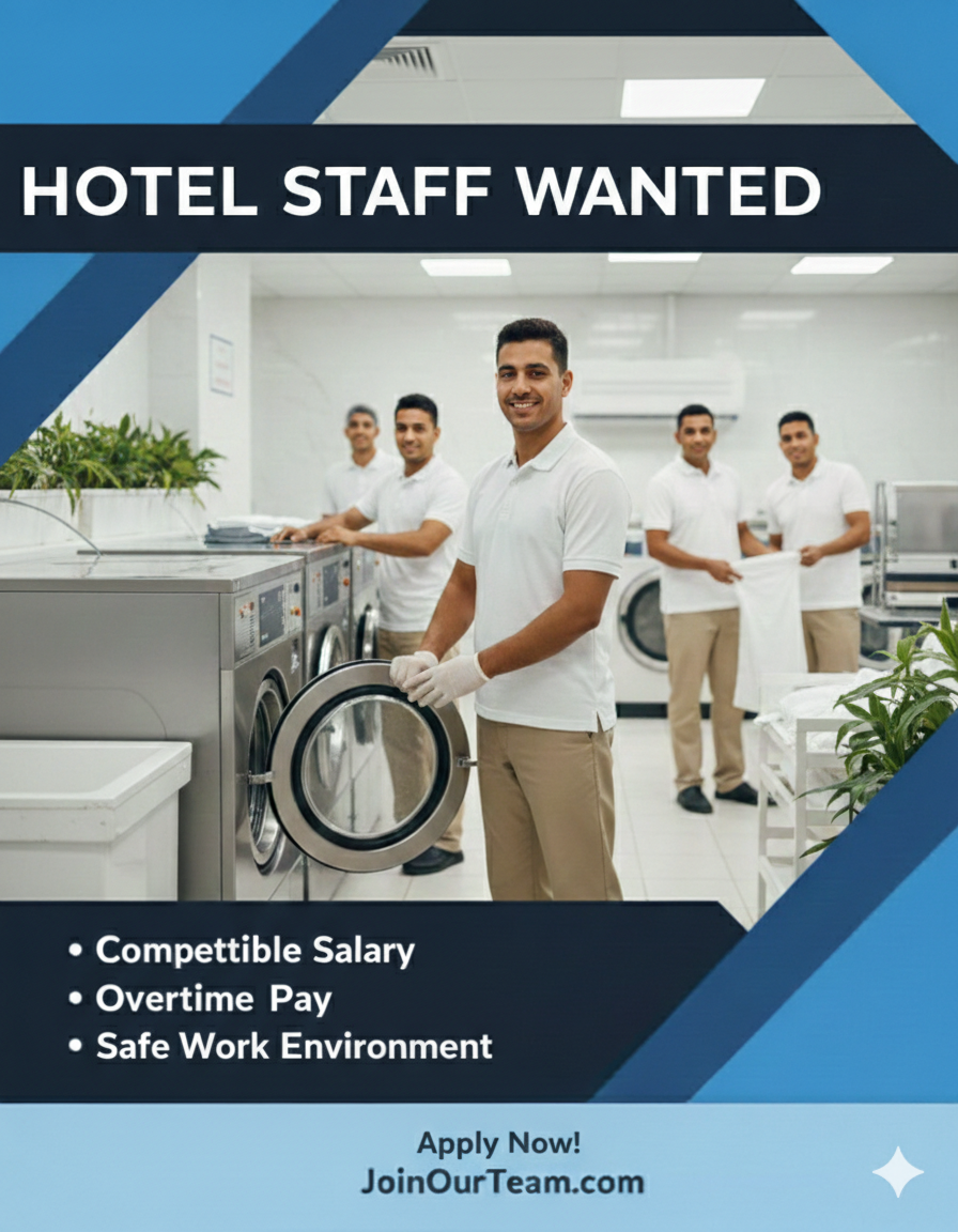 مطلوب مكوجي - مغسله - سكن - زراعه للعمل بفندق بشرم الشيخ 