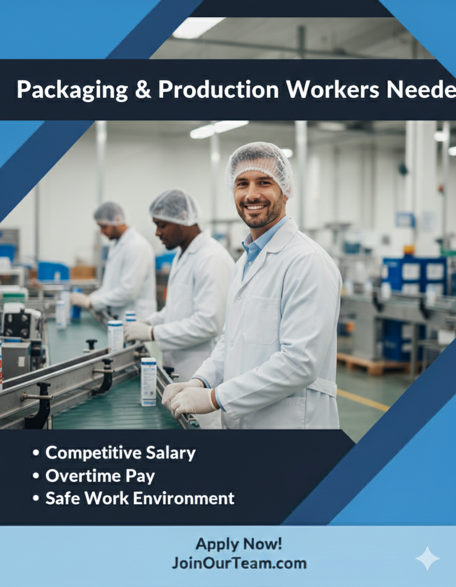 مطلوب عمال إنتاج (تعبئة وتغليف)  ???? مصانع العبور – أكتوبر – العاشر