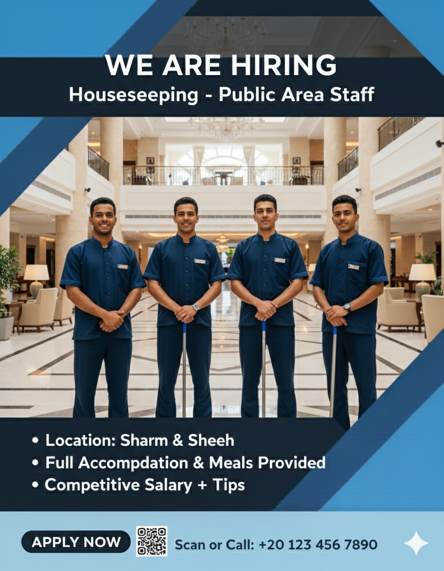 مطلوب للعمل بفندق بشرم الشيخ هاوس كيبينج بابليك + هاوس مان 