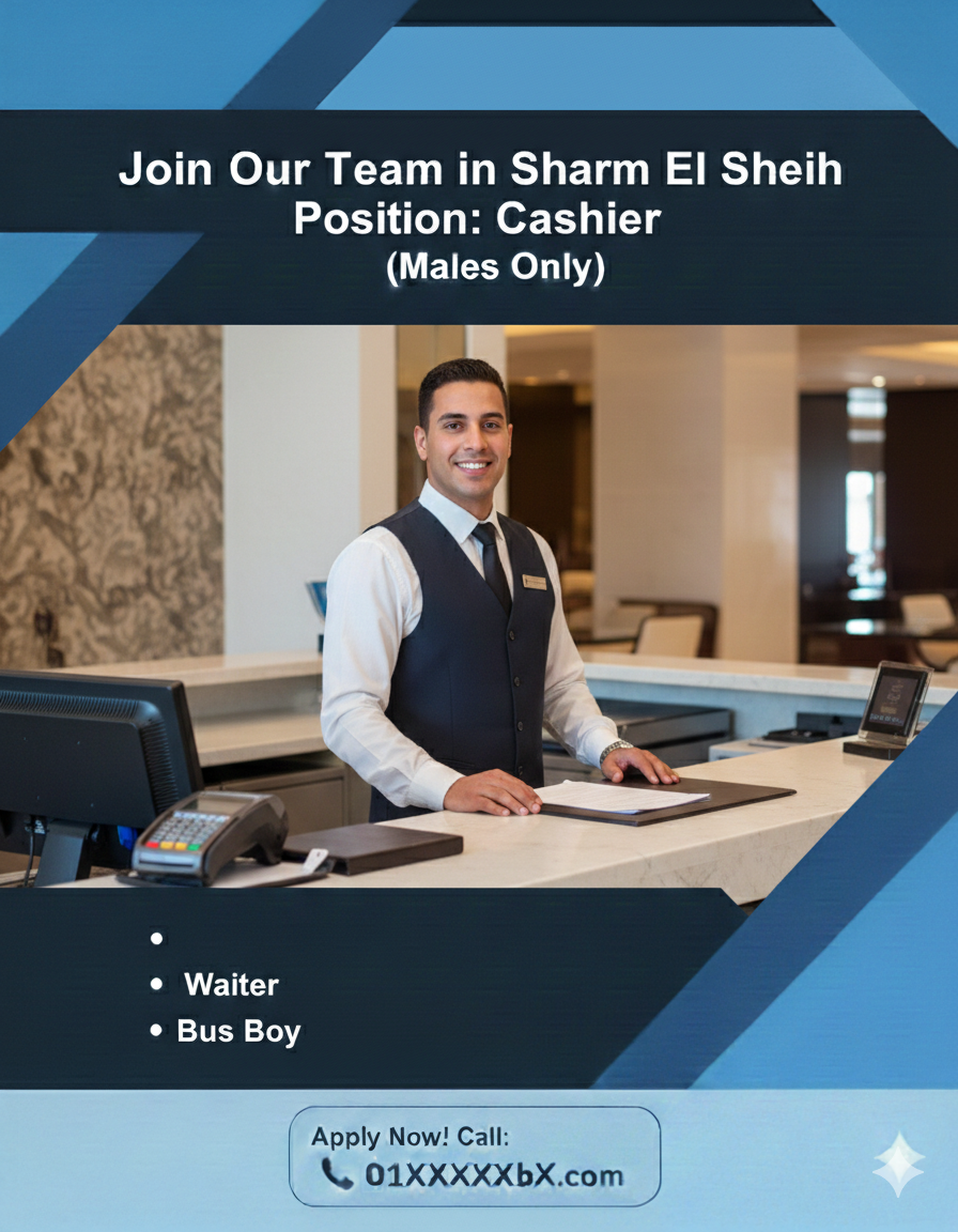 مطلوب للعمل  بفندق  بشرم  الشيخ  بقسم الحسابات ( كاشير )