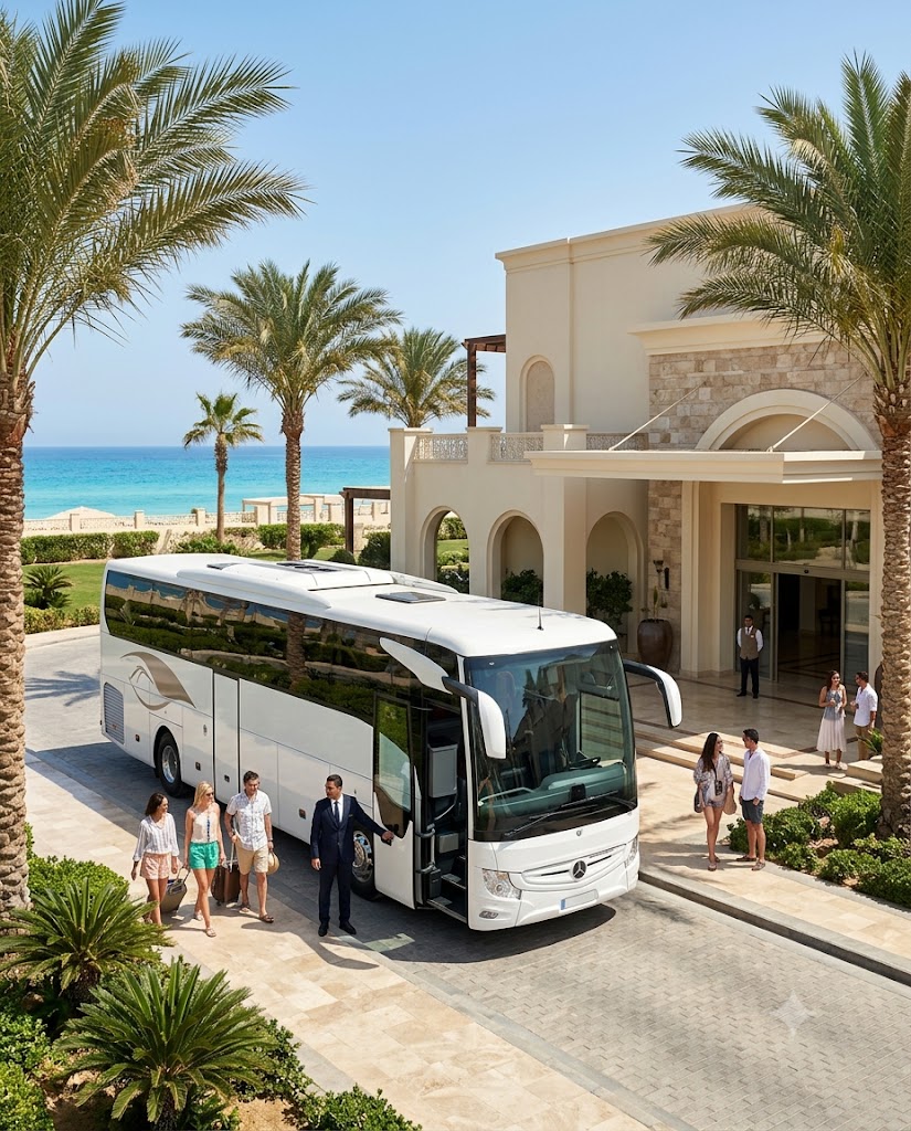 Mercedes 50 Seater Tourist Bus Rental with Professional Driver from Cairo to North Coast, Marassi