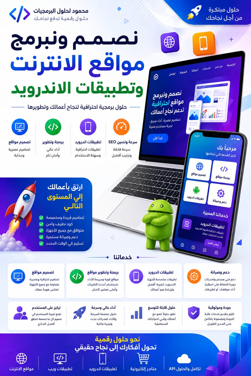 تصميم وبرمجة تطبيقات الويب والاندرويد هل تبحث عن موقع إلكتروني احترافي أو تطبيق Android يعكس قوة مشر